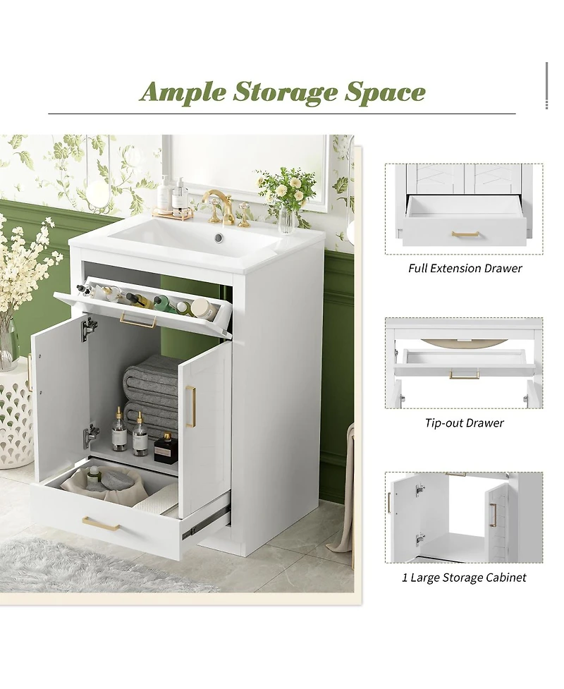 Sillysis Freestanding Bathroom Vanity with Ceramic Sink, 2 Door Cabinet and Tip-Out Drawer, Modern Storage for Small Spaces