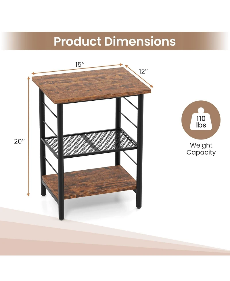 Slickblue Industrial 3-Tier Nightstand with Storage Shelves, Compact End Table for Small Spaces-Rustic