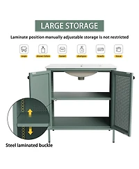 Sillysis Modern Steel Bathroom Vanity with Ceramic Sink, Mint Green Double Door Freestanding Cabinet, Adjustable Shelf