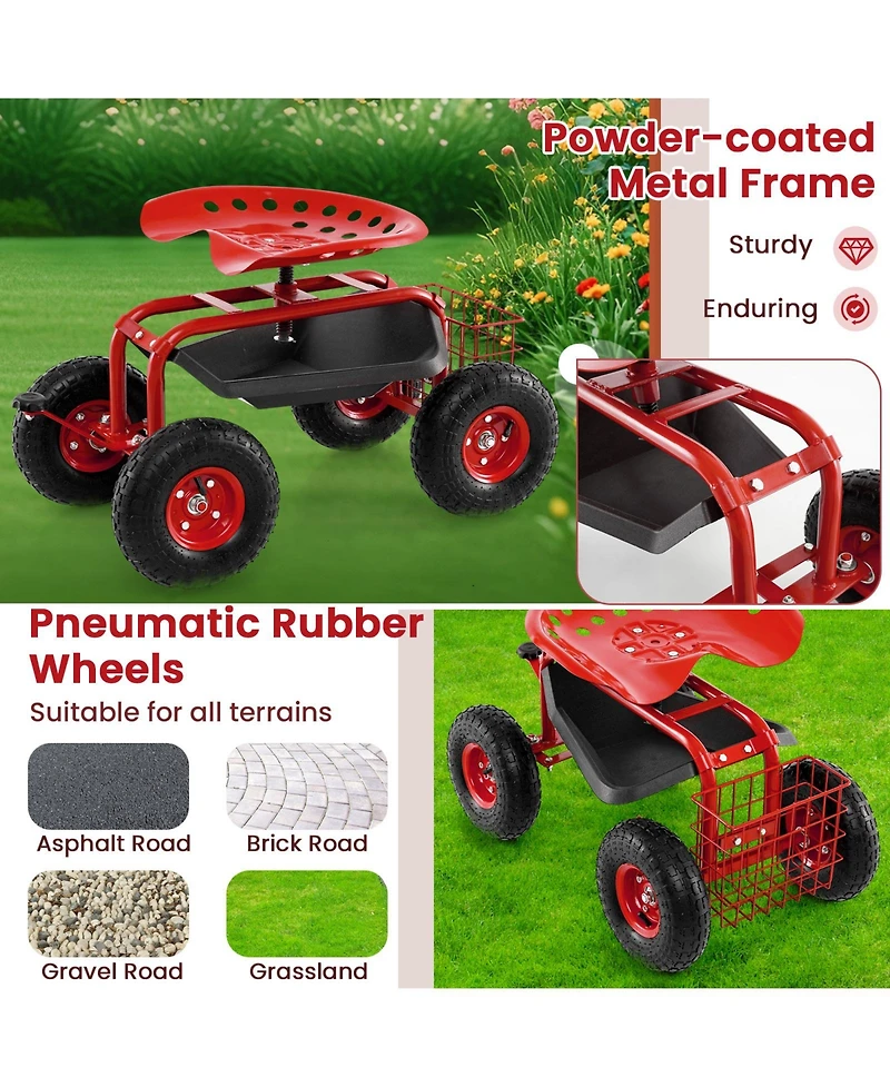 Sugift Four Wheel Rolling Garden Cart with Work Seat