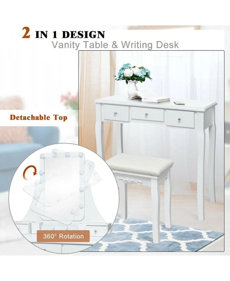 Gouun 10-Light Makeup Vanity Desk with 5 Drawers, Detachable Organizers and Padded Stool