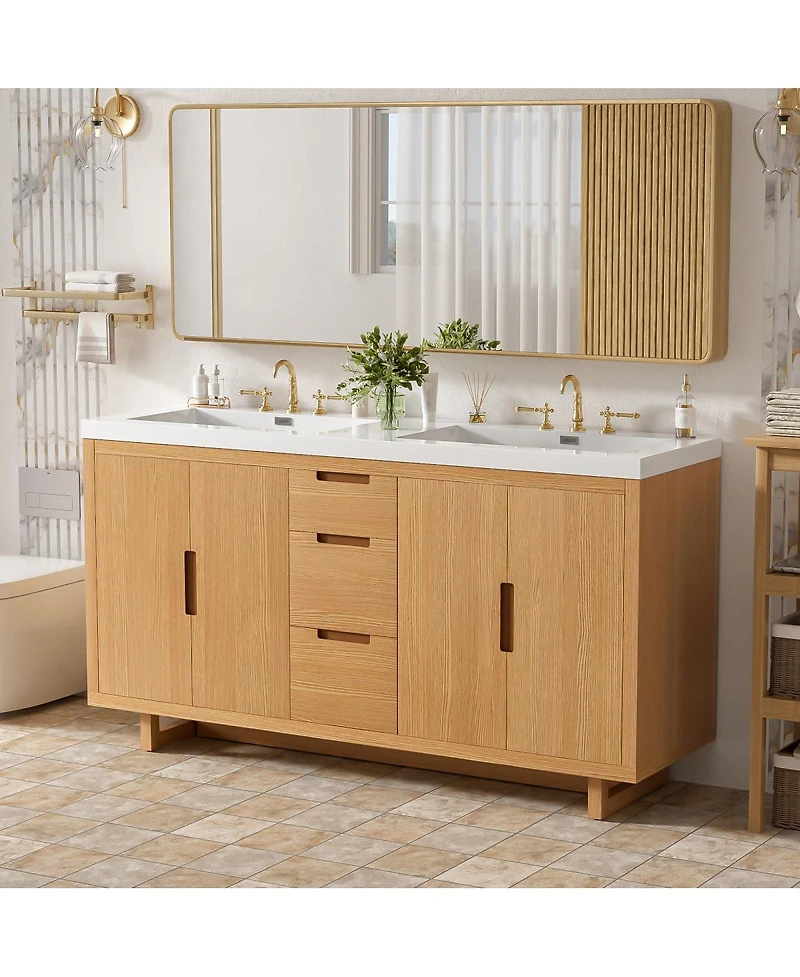 Sillysis Double Sink Freestanding Bathroom Vanity, Soft Close Doors and Drawers, Smc Resin Top, Adjustable Shelves, Ample Storage