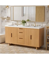 Sillysis Double Sink Freestanding Bathroom Vanity, Soft Close Doors and Drawers, Smc Resin Top, Adjustable Shelves, Ample Storage