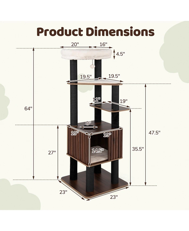 Gymax 64'' Tall Cat Tree for Indoor Cat Wooden Cat Tower Top Perch With Soft Padding Large Fence Style Cat Condo