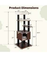 Gymax 64'' Tall Cat Tree for Indoor Cat Wooden Cat Tower Top Perch With Soft Padding Large Fence Style Cat Condo