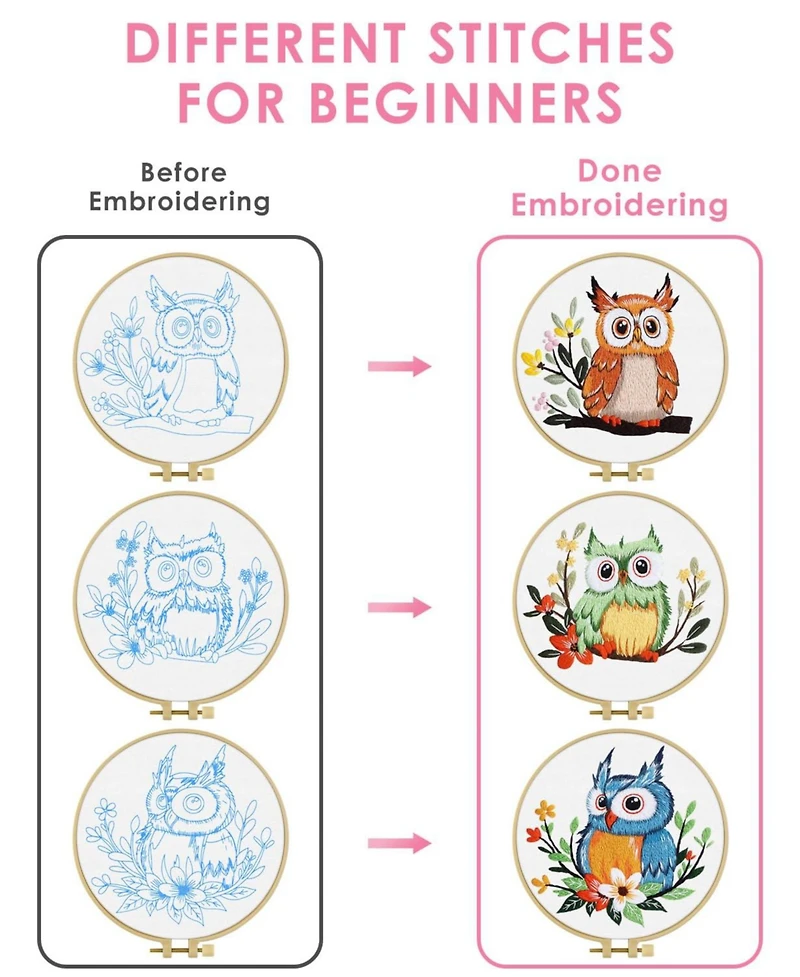 Gnuadz Embroidery Kit Adults Owl Beginners Cloth Hoops Threads Hand Craft