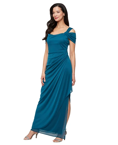 Alex Evenings Petite Cold-Shoulder Side Wrap Cowl Neck Gown