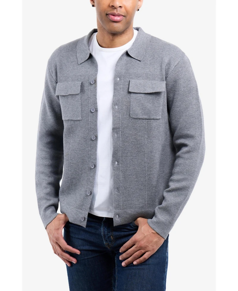 Spring + Mercer Men's Plus Long Sleeve Sweater With Full Buttoned Two Patch Pockets