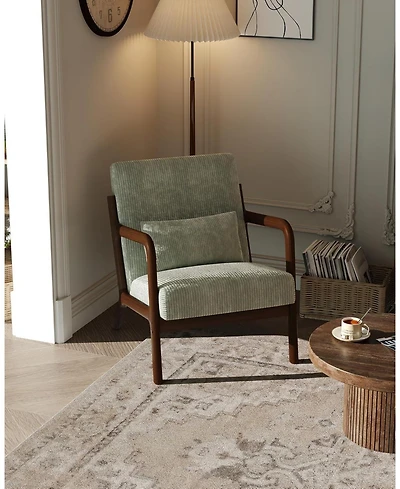 gaomon Mid-Century Modern Accent Chair,Wide-Wale Corduroy Upholstery,Solid Wood Armchair with Removable Lumbar Pillow,Sturdy Reading Chair