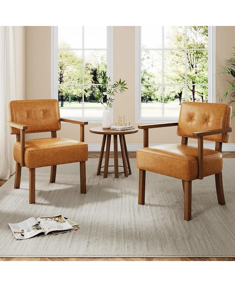 gaomon Mid-Century Accent Chair with Wood Frame,Pu Leather Upholstered Lounge Arm Chair,Reading Leisure Chair with Classic Button Tufting