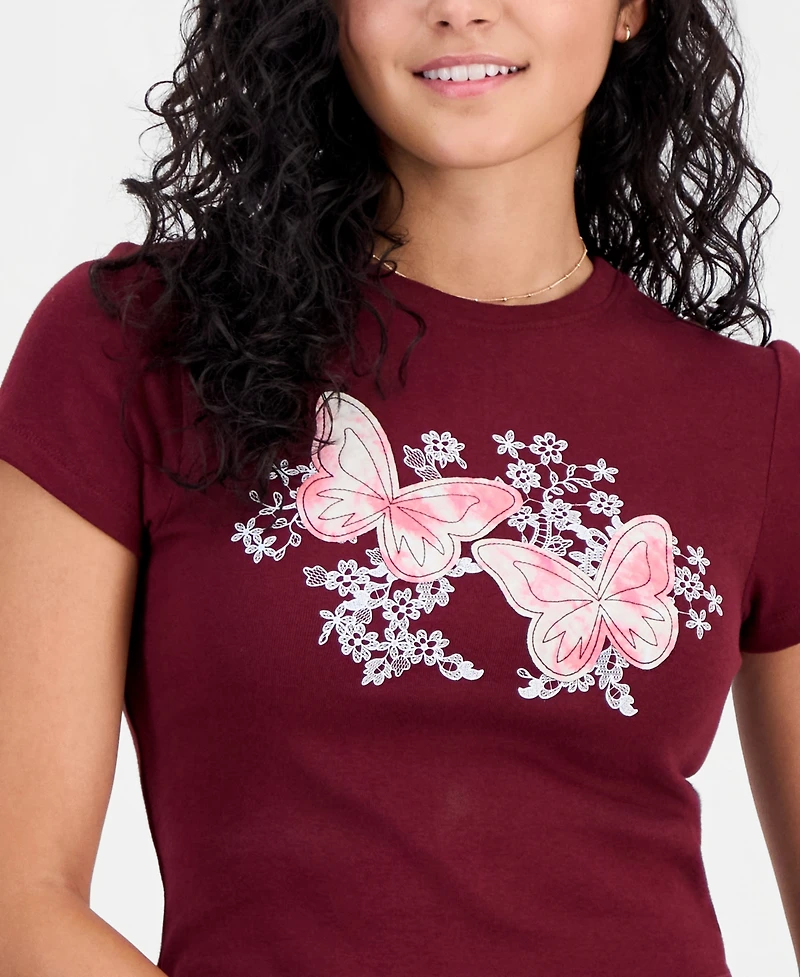 Self Esteem Juniors' Butterfly Embroidered Cropped T-Shirt