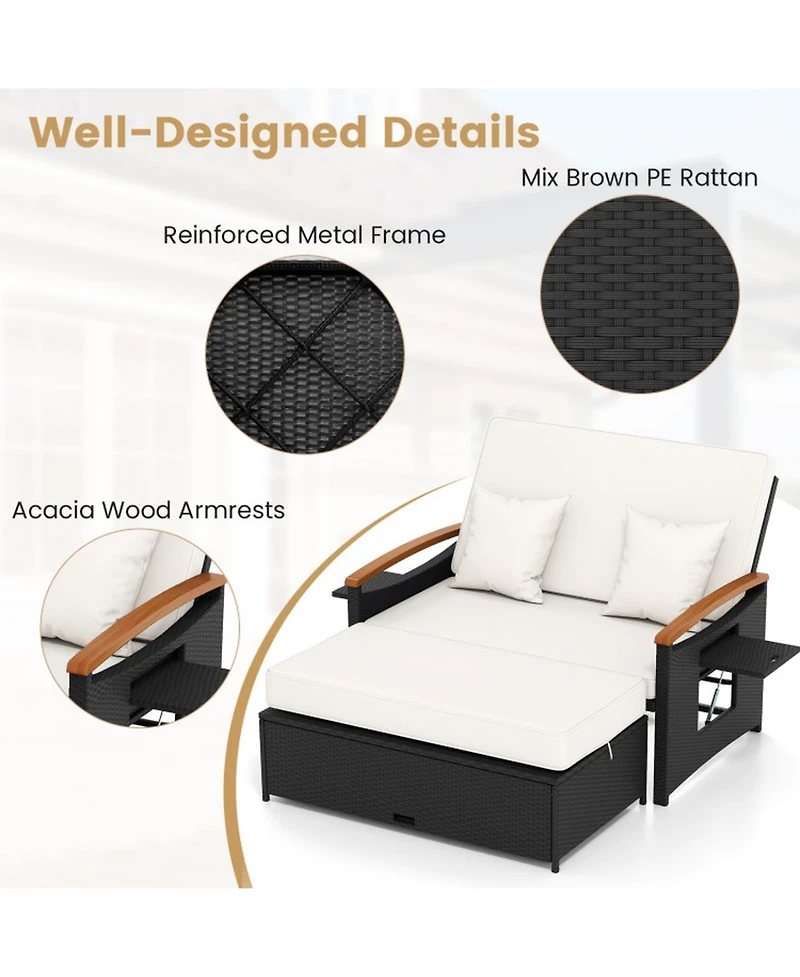 Gouun 3-in-1 Outdoor Wicker Daybed with Folding Side Panels and Ottoman