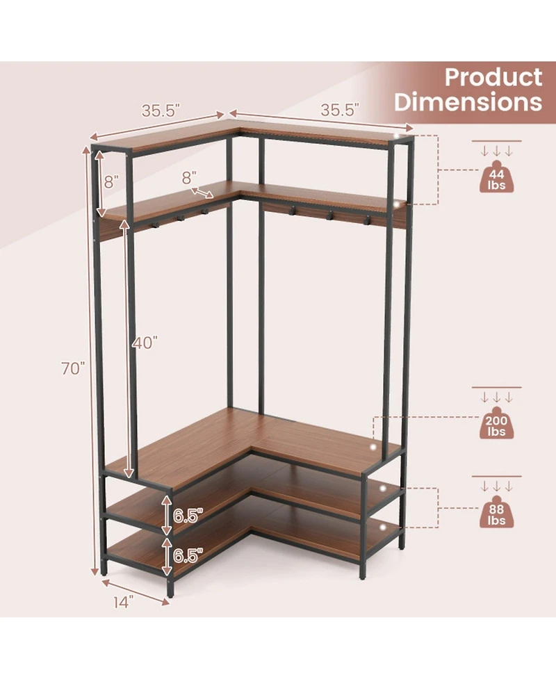 Gouun L-Shaped Corner Hall Tree with 7 Hooks, Shelves and Shoe Bench