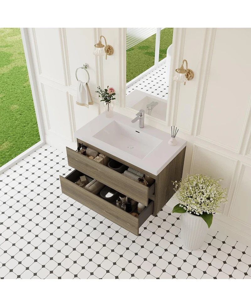 Sillysis Wall Mounted Bathroom Vanity with Resin Sink, Soft Close Drawers, Modern Storage Cabinet, Easy Installation