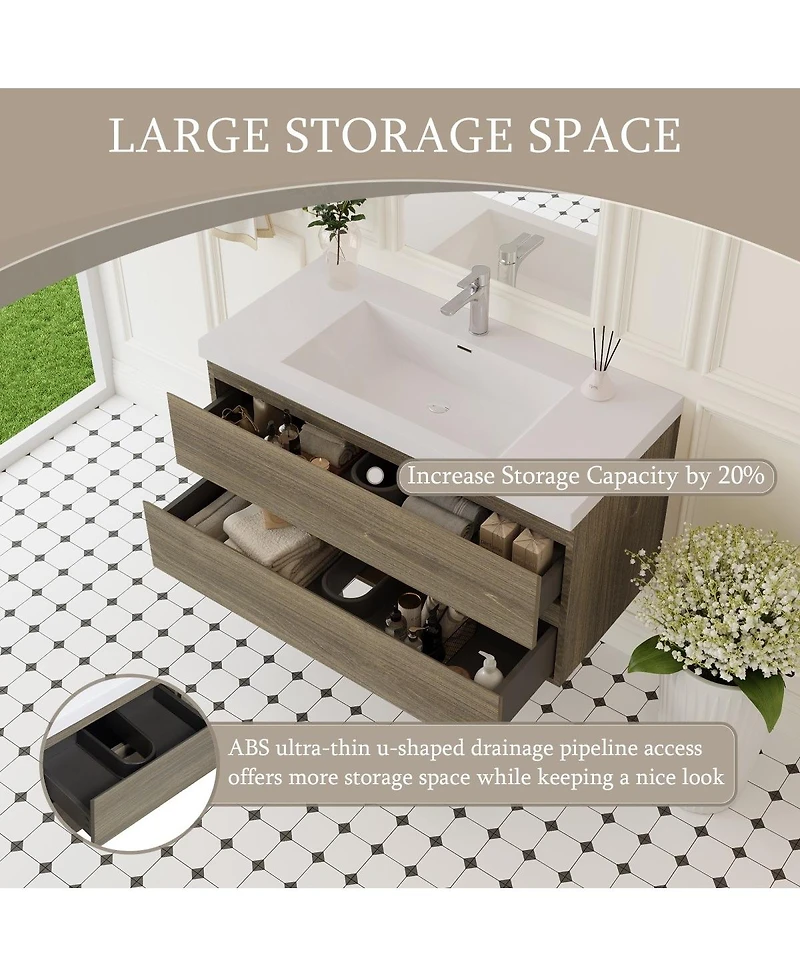 Sillysis Wall Mounted Bathroom Vanity with Resin Sink, Soft Close Drawers, Modern Storage Cabinet, Easy Installation