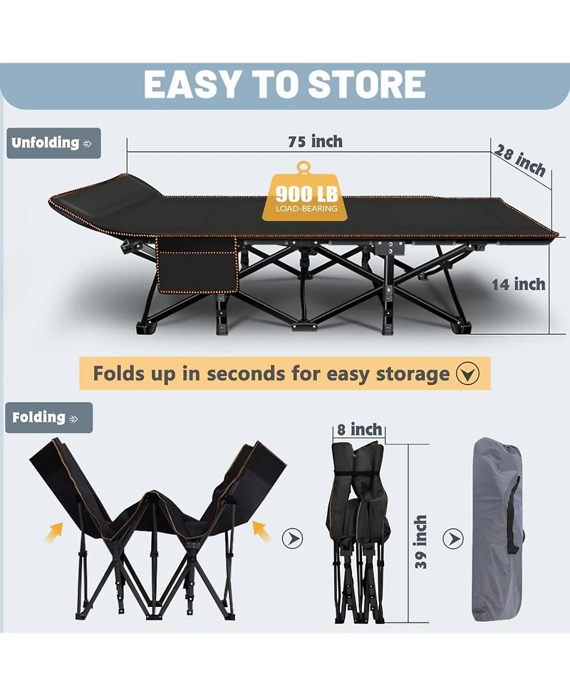 Aboron Folding Camping Cot with Mat: 75"x28". Heavy Duty 1200D Oxford Outdoor Bed for Adults Carry Bag. Portable Travel Camp