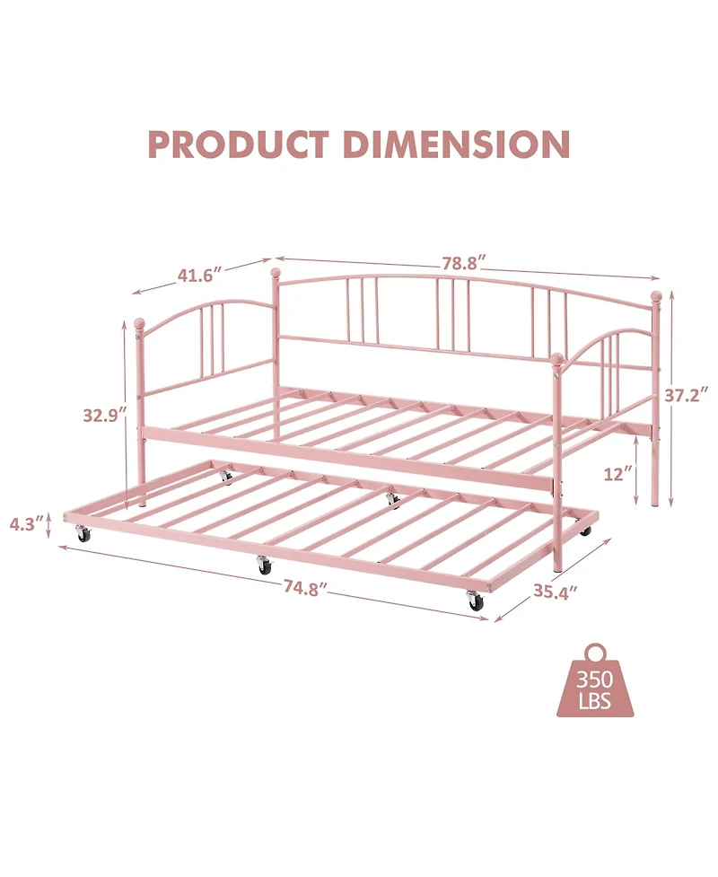 homfan Metal Daybed with Trundle, Pull-Out Guest Bed Frame 6 Casters and Steel Slat Support for Bedroom or Living Room