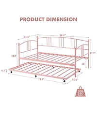 homfan Metal Daybed with Trundle, Pull-Out Guest Bed Frame 6 Casters and Steel Slat Support for Bedroom or Living Room