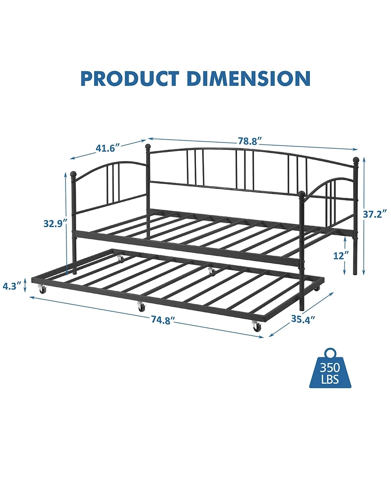 homfan Metal Daybed with Trundle, Pull-Out Guest Bed Frame 6 Casters and Steel Slat Support for Bedroom or Living Room
