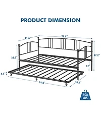 homfan Metal Daybed with Trundle, Pull-Out Guest Bed Frame 6 Casters and Steel Slat Support for Bedroom or Living Room
