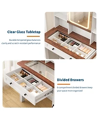 gaomon 42" Farmhouse Makeup Vanity Set with Lighted Mirror, Charging Station, Glass Top, Storage & Stool