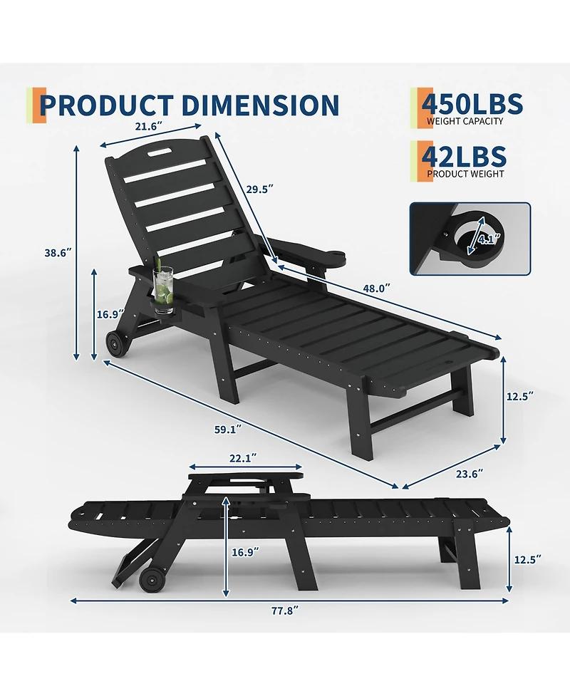 homfan Oversized Hdpe Folding Chaise Lounge, 5-Position Adjustable, Resin Recliner with Cup Holder, Wheels, 450lbs Capacity