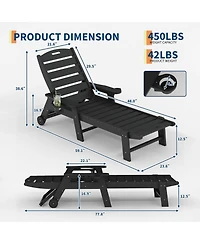 homfan Oversized Hdpe Folding Chaise Lounge, 5-Position Adjustable, Resin Recliner with Cup Holder, Wheels, 450lbs Capacity