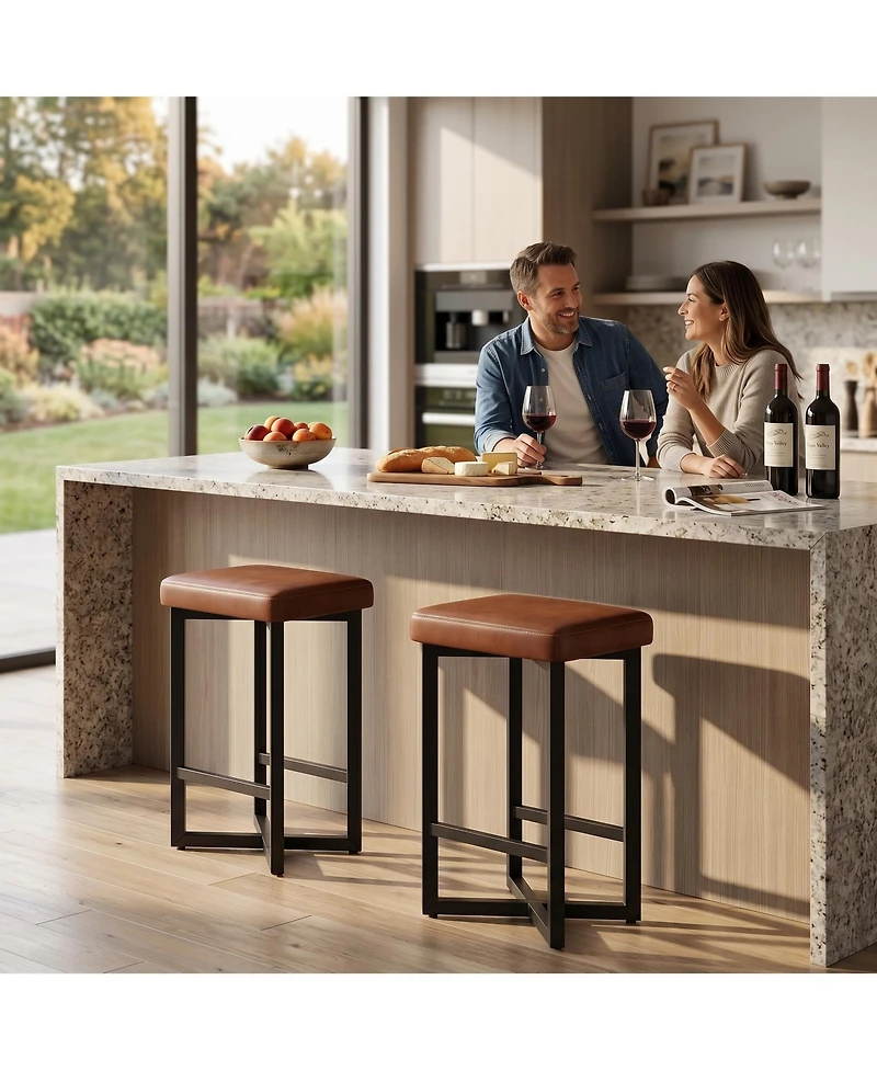 homfan 2 Pack Leather Counter Height Stools, Backless Upholstered Seat, Metal X Frame Footrest, Space Saving for Kitchen Home Bar Dining.