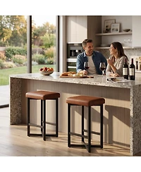 homfan 2 Pack Leather Counter Height Stools, Backless Upholstered Seat, Metal X Frame Footrest, Space Saving for Kitchen Home Bar Dining.