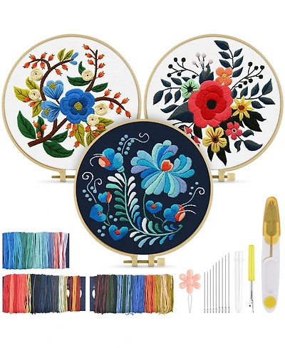Gnuadz 3 Sets Embroidery Kit Adults Floral Beginners Hoops Threads