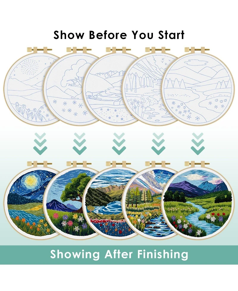 Gnuadz 5 Sets Embroidery Kit Beginner Butterfly Landscape Cloth Hoops Threads
