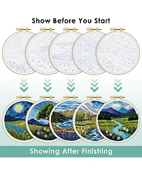 Gnuadz 5 Sets Embroidery Kit Beginner Butterfly Landscape Cloth Hoops Threads