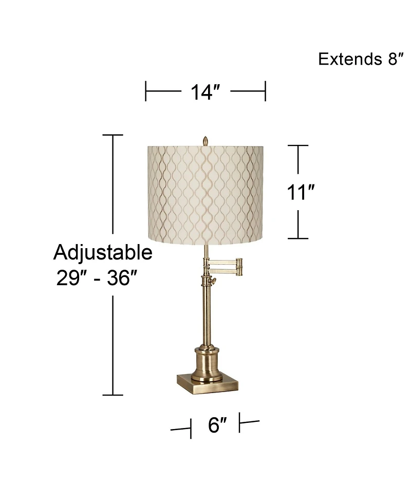 360 Lighting Swing Arm Desk Table Lamp 36" Tall Antique Brass Embroidered Hourglass Fabric Drum Shade for Living Room Bedroom