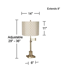 360 Lighting Swing Arm Desk Table Lamp 36" Tall Antique Brass Embroidered Hourglass Fabric Drum Shade for Living Room Bedroom