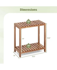 Gymax 2 pieces 2-Tier Side Table Teak Wood Stand Utility Storage Shelf Entryway Bench