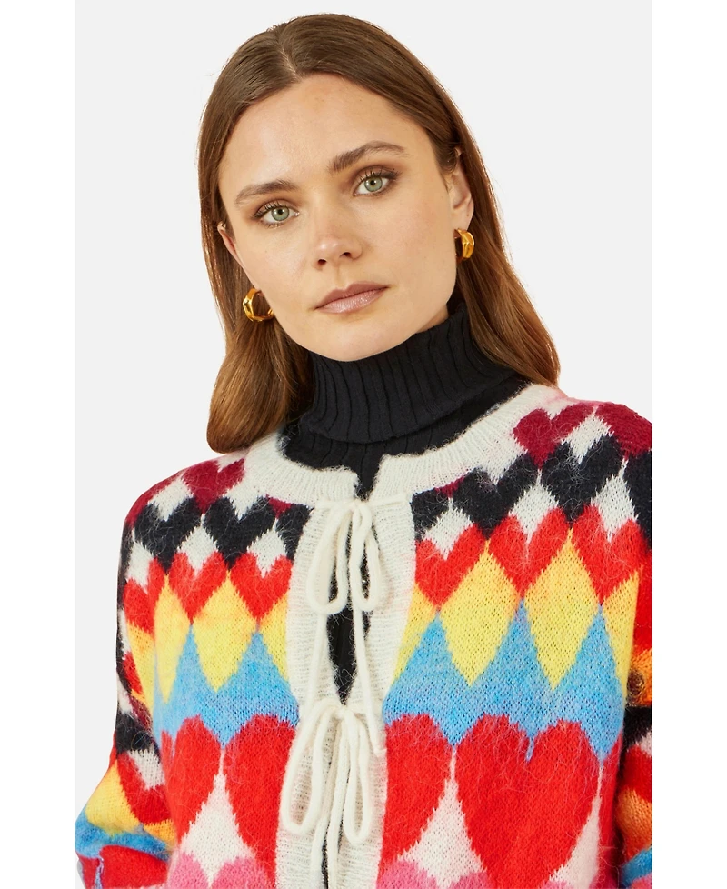 Yumi Women's Tie Front Heart Intarsia Cardigan