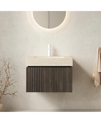 Sillysis Floating Bathroom Vanity with Roma Travertine Sintered Stone Top, Ceramic Sink, Soft Close Storage