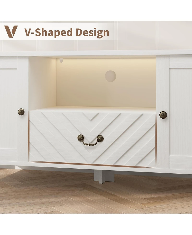 homfan Modern Farmhouse Tv Stand with Led Lighting, Storage Cabinets and Drawers