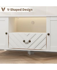 homfan Modern Farmhouse Tv Stand with Led Lighting, Storage Cabinets and Drawers