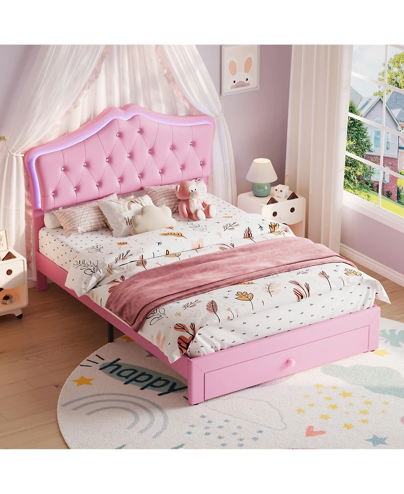 gaomon Upholstered Platform Bed Frame with Led Lights, Crystal Tufted Headboard, Storage Drawer, Noise-Free Slats