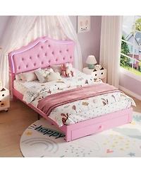 gaomon Upholstered Platform Bed Frame with Led Lights, Crystal Tufted Headboard, Storage Drawer, Noise-Free Slats