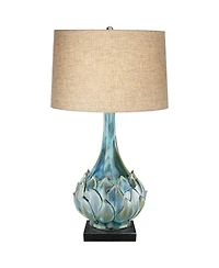 Possini Euro Design Kenya Modern Table Lamp with Square Black Riser 29 1/2" Tall Blue Green Ceramic Beige Linen Drum Shade for Living Room House Home