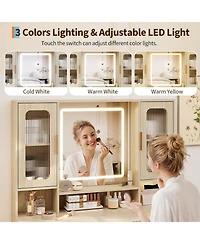 Homfan Vanity Desk with Mirror and Adjustable Led Lights, 2 Glass Cabinets, 2 Spacious Cabinets, 3 Wavy Drawers, Makeup Dressing Table for Bedroom