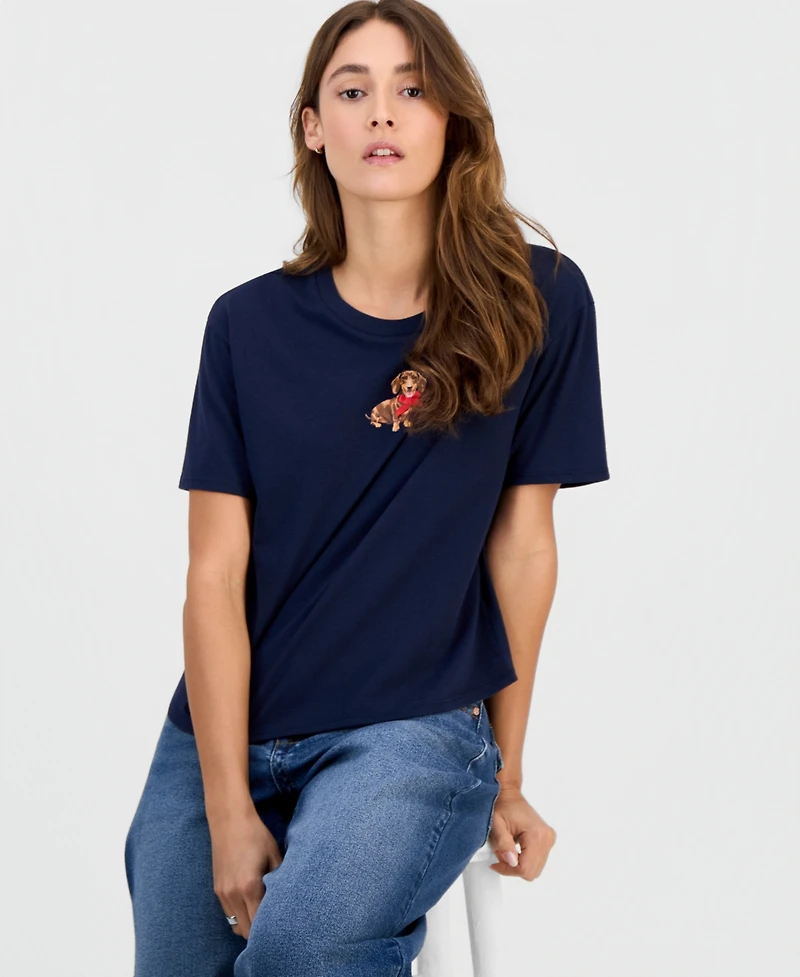 Rebellious One Juniors' Dachshund Bow Graphic Crop Tee