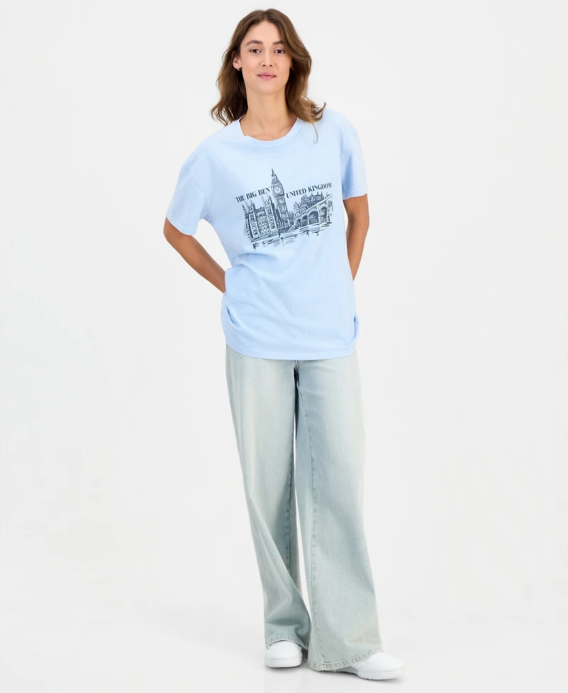 Rebellious One Juniors' Cotton London Big Ben Mineral-Wash Tee