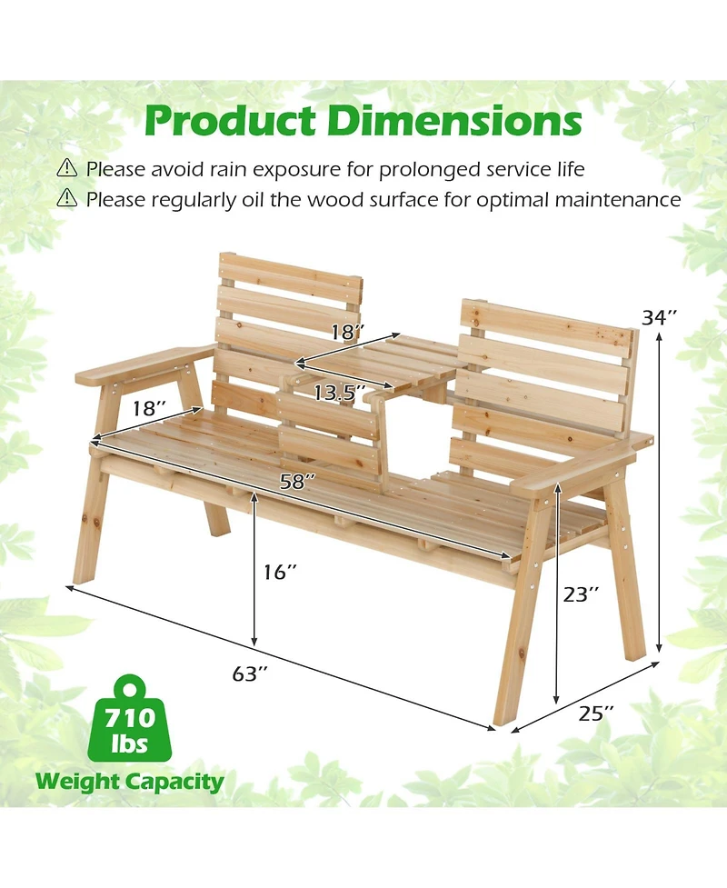 Gymax Outdoor Fir Wood Bench Foldable Middle Table w/ Backrest and Armrests
