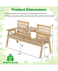 Gymax Outdoor Fir Wood Bench Foldable Middle Table w/ Backrest and Armrests