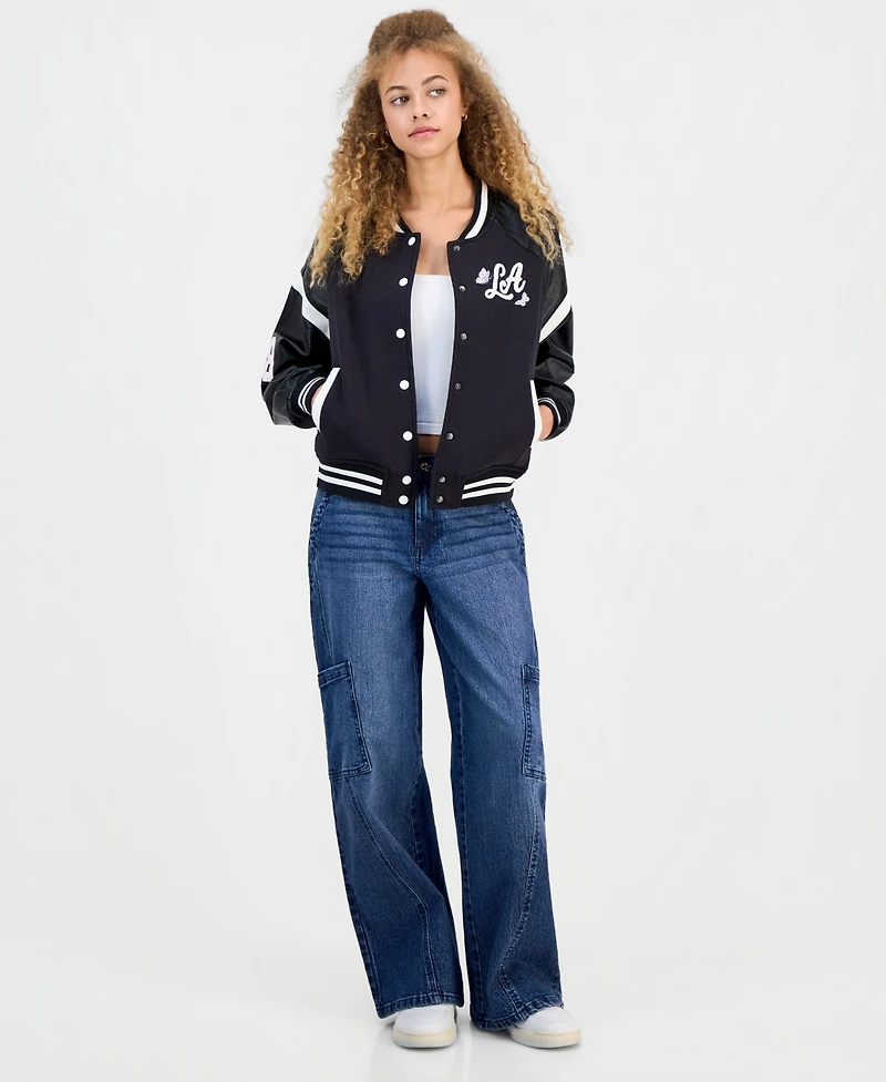 Madden Girl Juniors' Faux-Leather-Sleeve Bomber Jacket