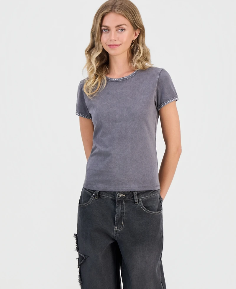Madden Girl Juniors' Studded Mineral Wash T-Shirt