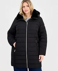 Michael Kors Plus Faux-Fur-Collar Hooded Packable Puffer Coat, Created for Macy's